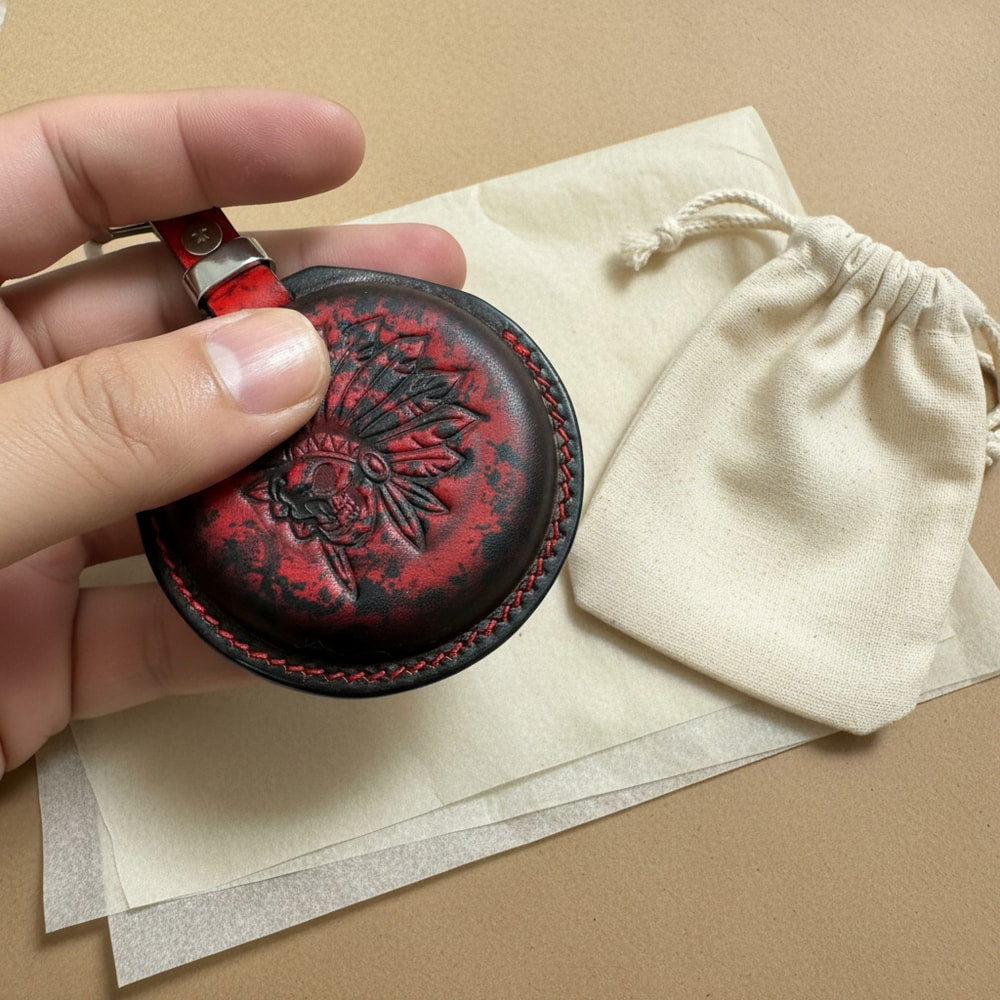 Indian Chief leather key fob cover with gift pouch