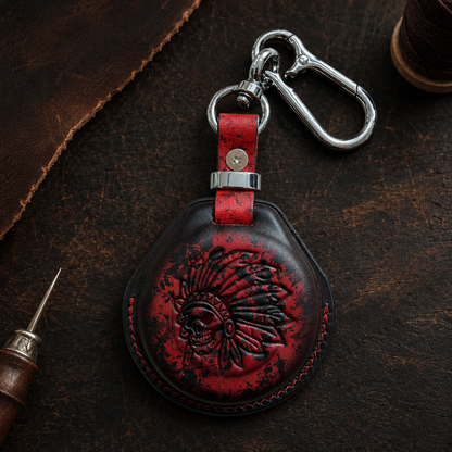 Indian Chief leather key fob cover - chief headdress skull design in red and black patina