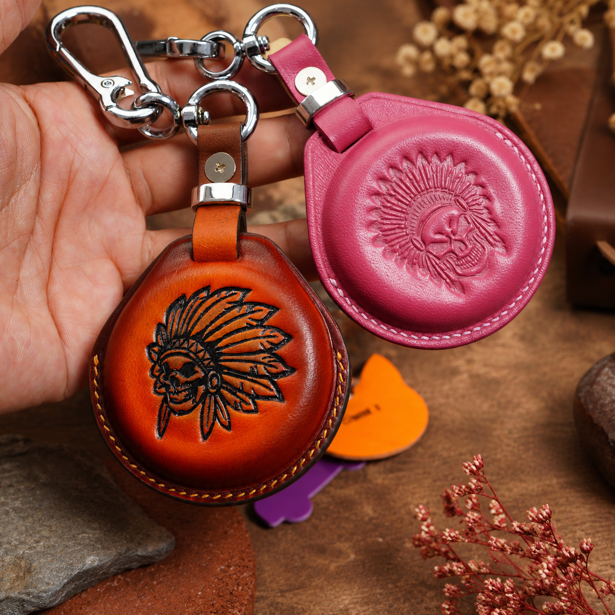 Indian Chieftain round keyless fob leather cover - chief headdress