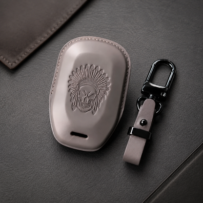 Indian Scout leather smart key cover - chief skull headdress emboss