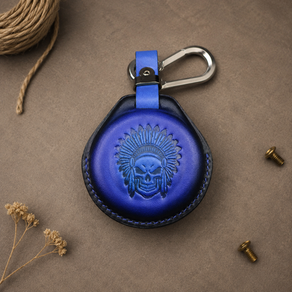 Indian round keyless fob leather cover - blue with chief headdress