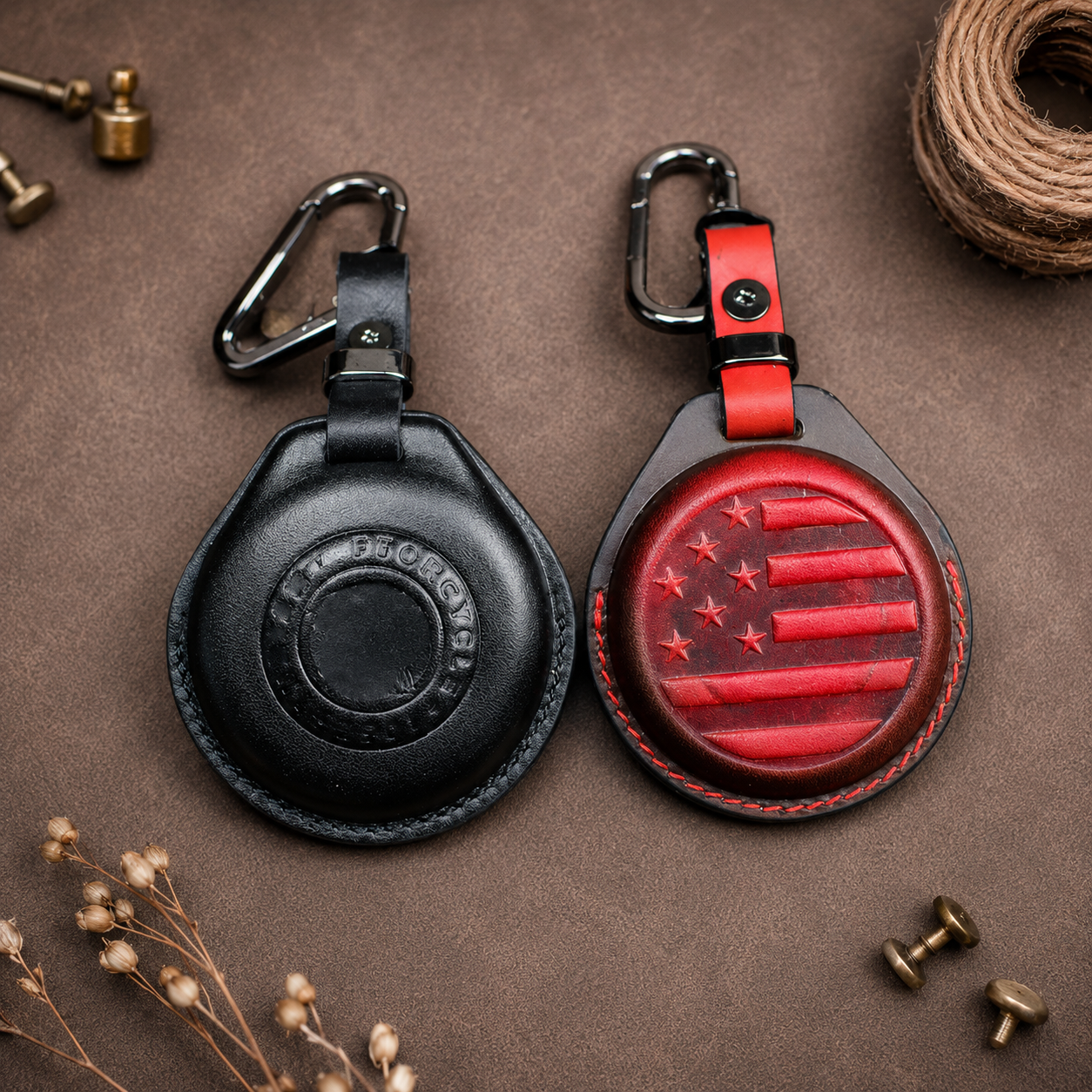 Indian round key fob leather covers - black and American flag red