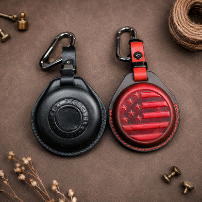 Indian round key fob leather covers - black and American flag red