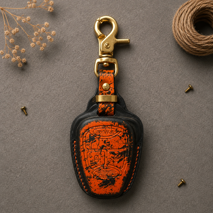 Jeep Grand Cherokee leather key fob cover - Mandalorian emblem in orange and black patina