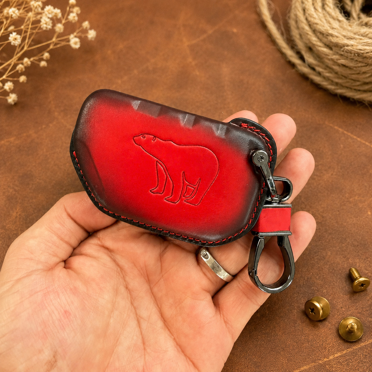 Jeep Wrangler leather key fob cover - bear emboss red patina