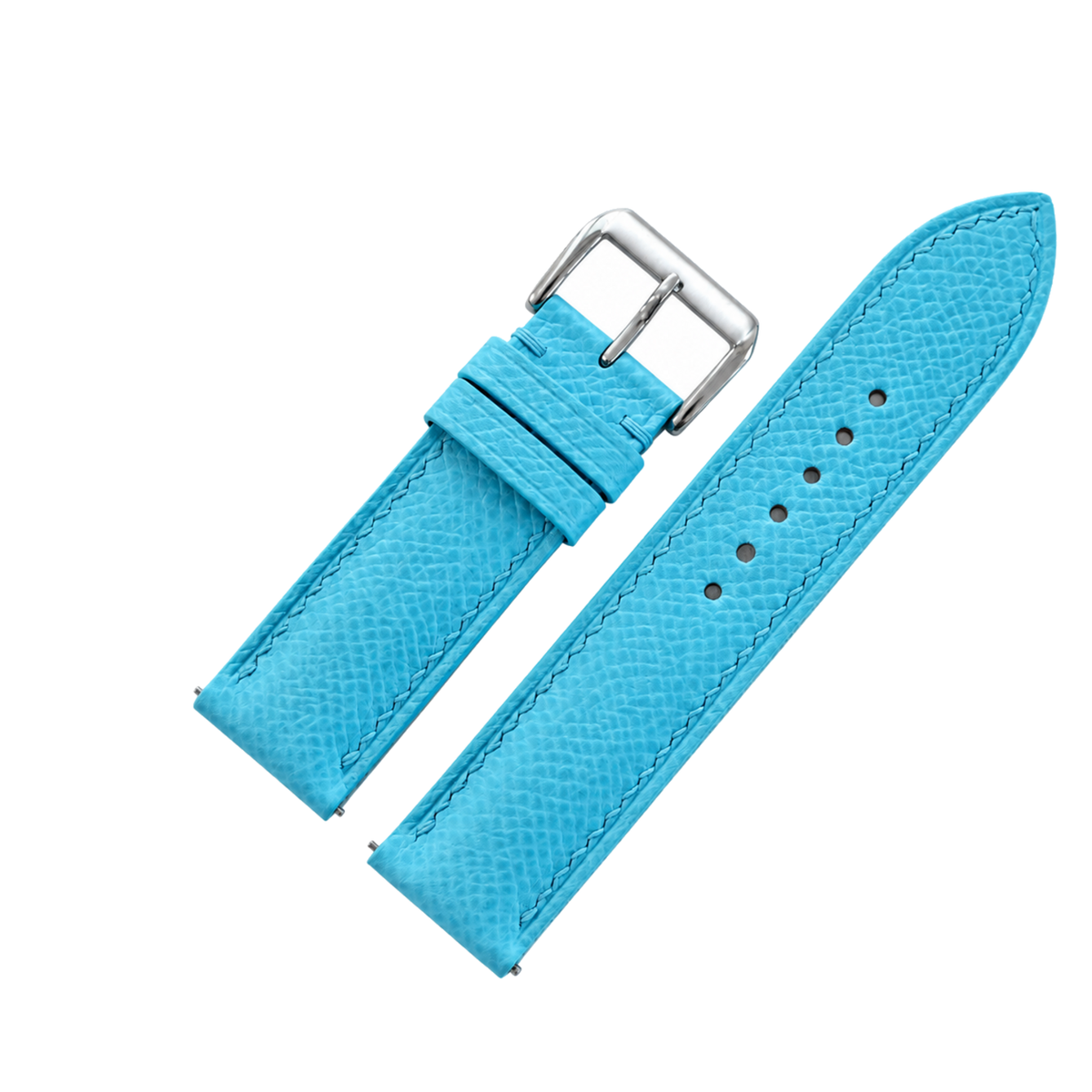 Padded Light Blue Epsom Leather Watch Strap - buckle and edge