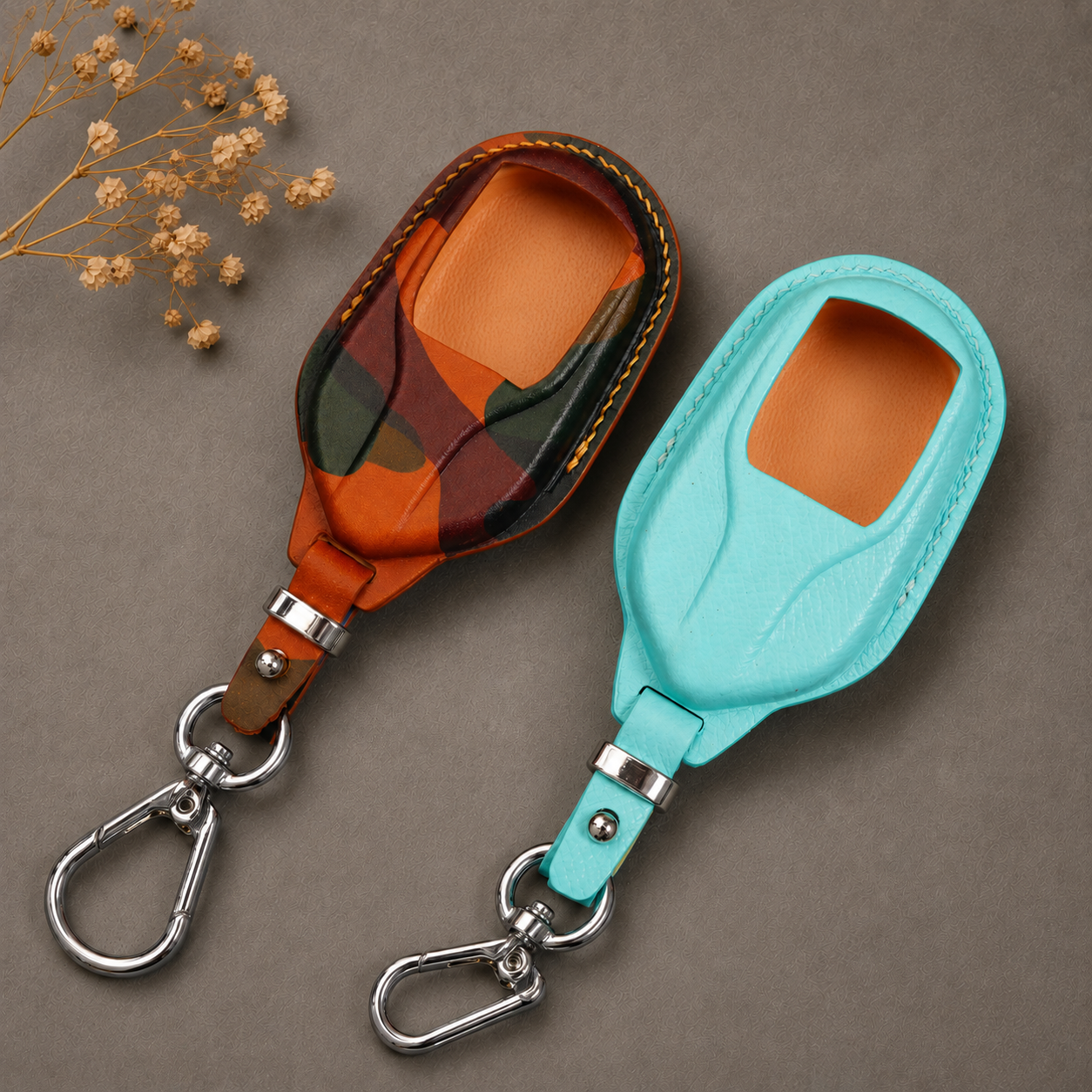 Maserati Ghibli leather key fob cover - camo and turquoise