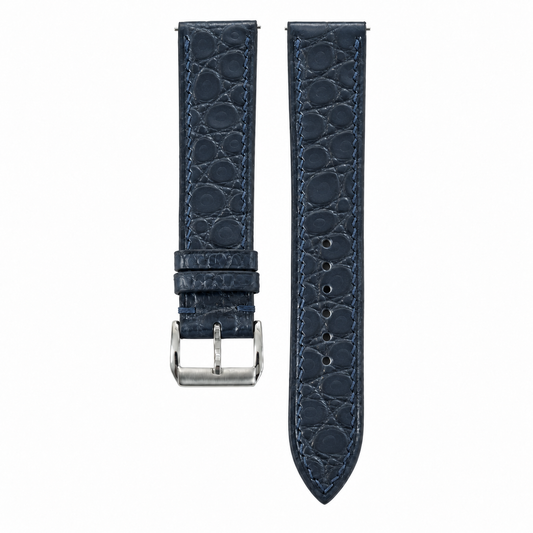 Navy Small Round Scale Alligator Leather Watch Strap - front and back flat lay