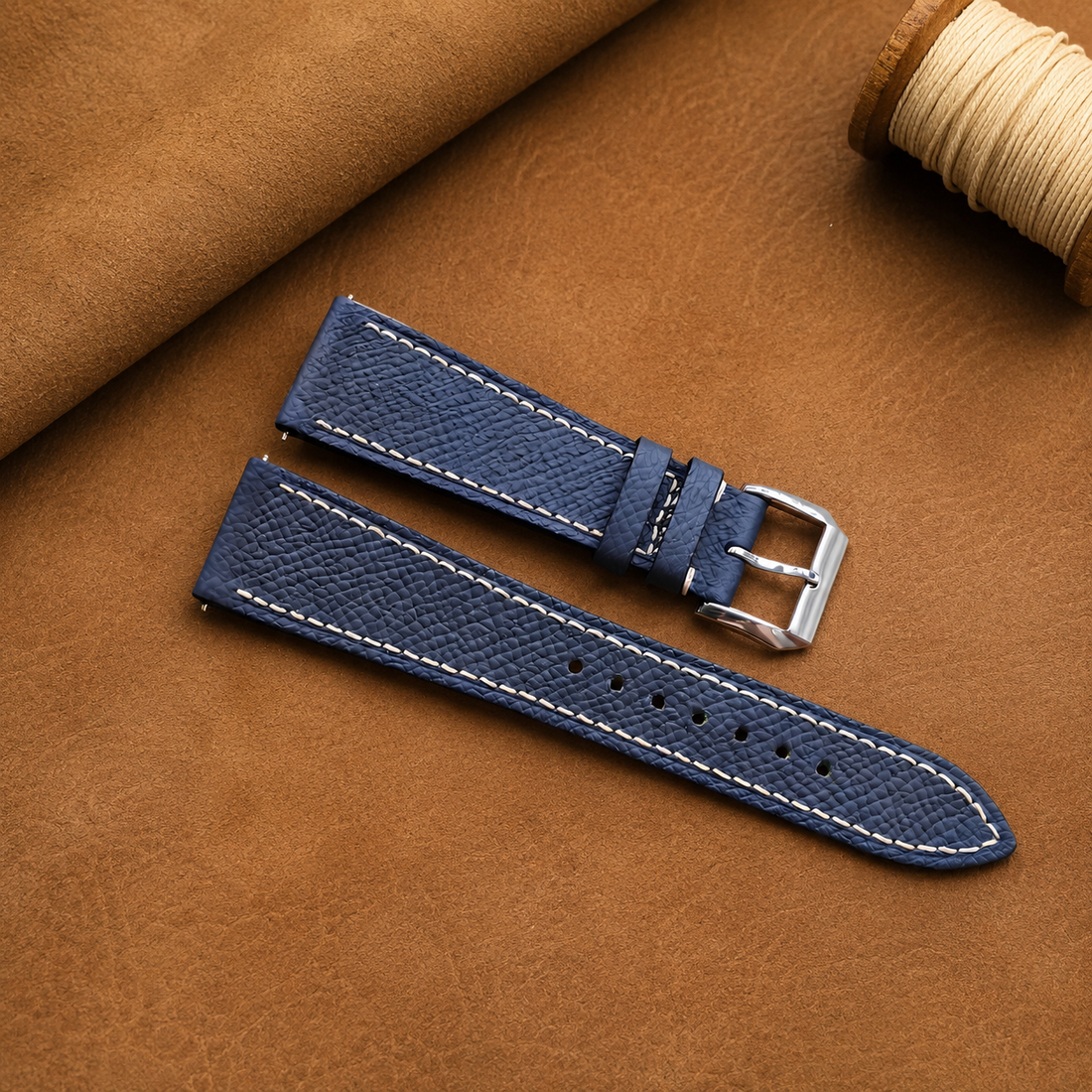 Navy Flat Epsom Leather Watch Strap