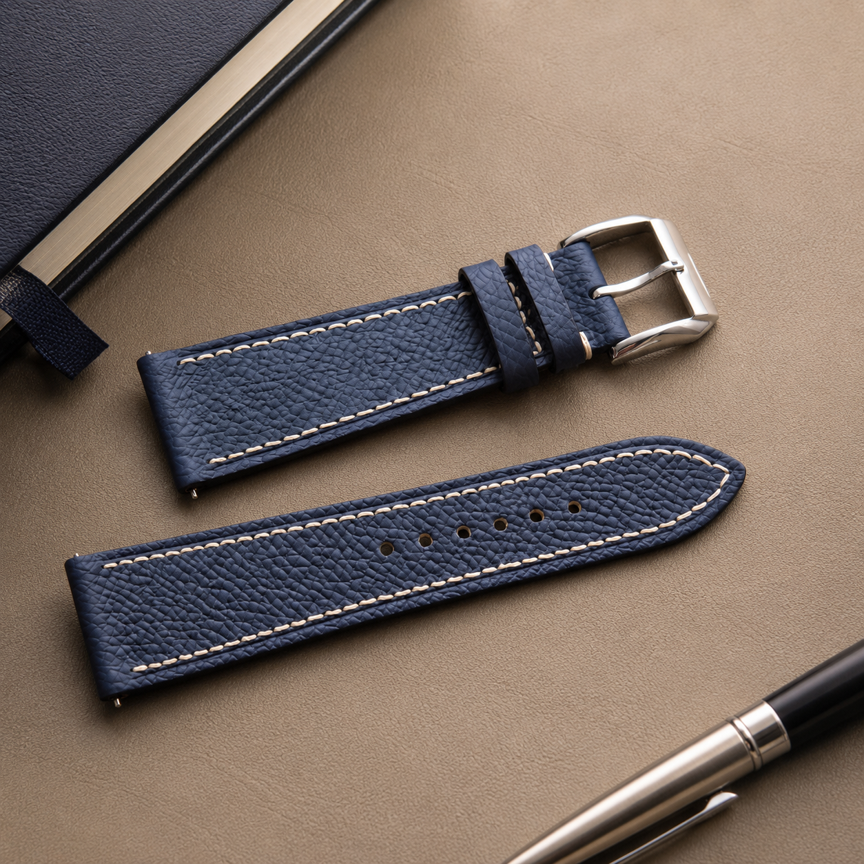 Navy Flat Epsom Leather Watch Strap