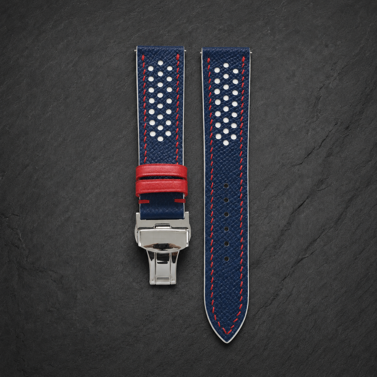 Navy and White Racing Epsom Leather Watch Strap