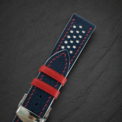 Navy and White Racing Epsom Leather Watch Strap