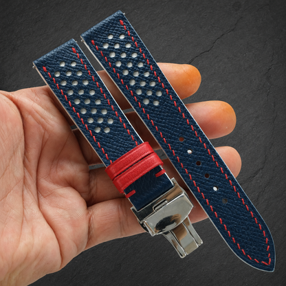 Navy and White Racing Epsom Leather Watch Strap