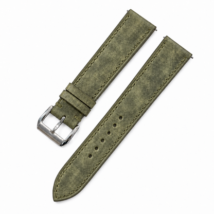Olive Green Pueblo Leather Watch Strap - assembled with stainless steel buckle