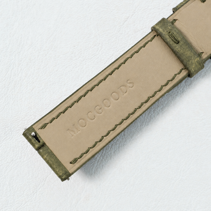 Olive Green Pueblo Leather Watch Strap - padded leather lining with MocGoods emboss