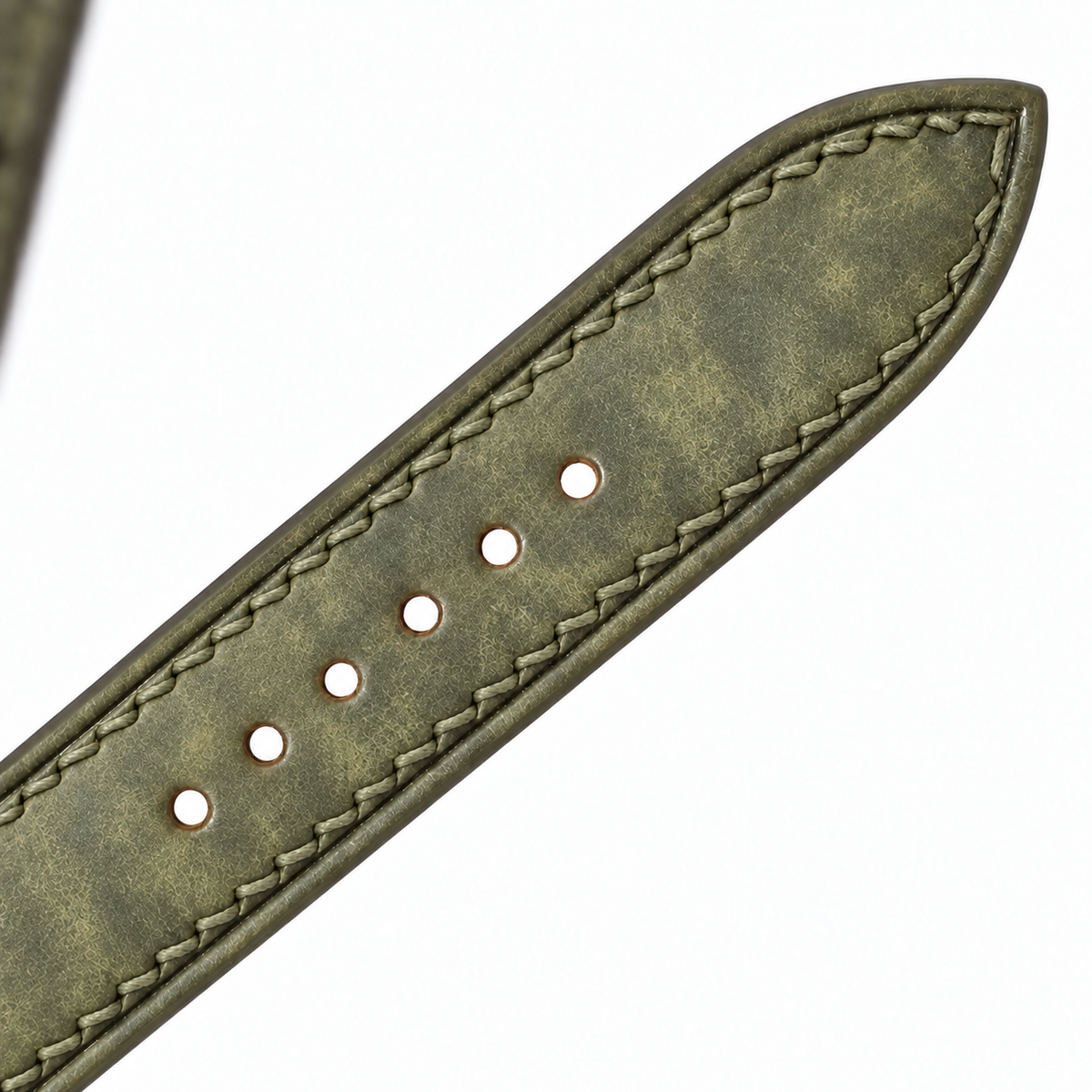 Olive Green Pueblo Leather Watch Strap - tapered tip and adjustment holes detail