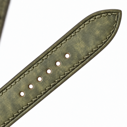 Olive Green Pueblo Leather Watch Strap - tapered tip and adjustment holes detail