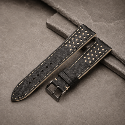Padded Black Cream Beige Racing Holes Rally Epsom Leather Watch Strap
