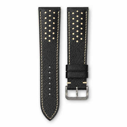 Padded Black Cream Beige Racing Holes Rally Epsom Leather Watch Strap