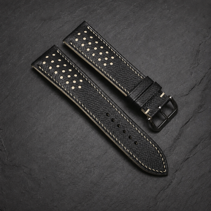 Padded Black Cream Beige Racing Holes Rally Epsom Leather Watch Strap