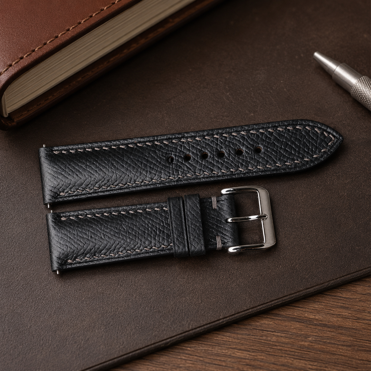 Padded Black Epsom Leather Watch Strap