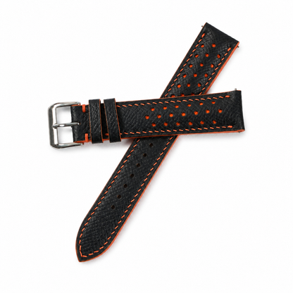 Padded Black Orange Racing Holes Rally Epsom Leather Watch Strap - Photo 1