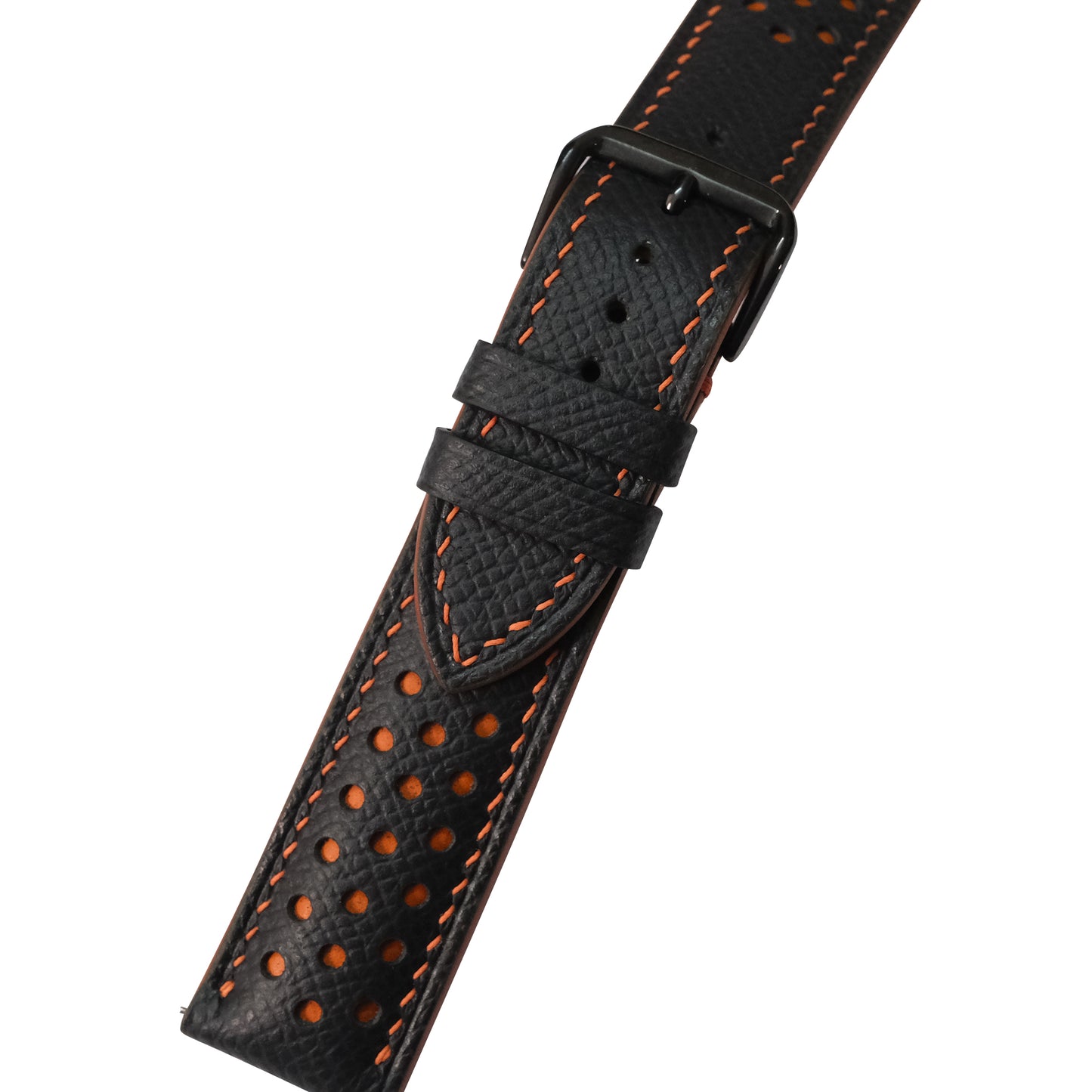 Padded Black Orange Racing Holes Rally Epsom Leather Watch Strap