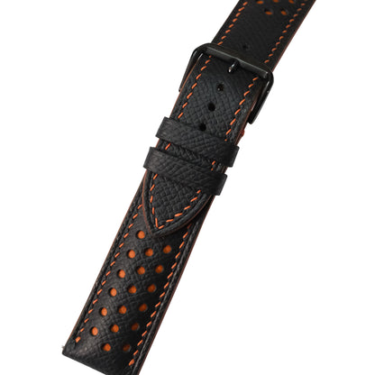 Padded Black Orange Racing Holes Rally Epsom Leather Watch Strap