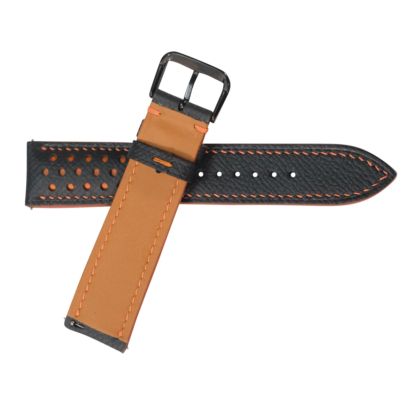Padded Black Orange Racing Holes Rally Epsom Leather Watch Strap