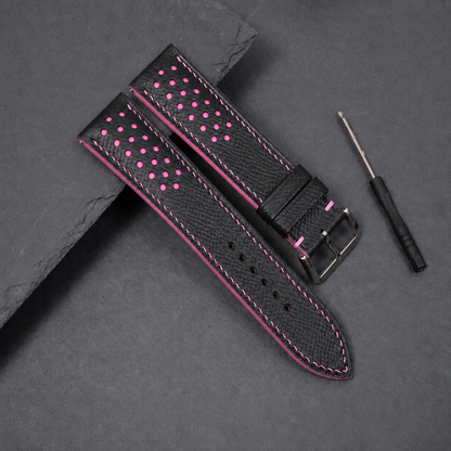 Padded Black Pink Racing Holes Rally Epsom Leather Watch Strap