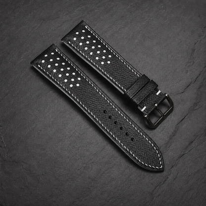 Padded Black White Racing Holes Rally Epsom Leather Watch Strap