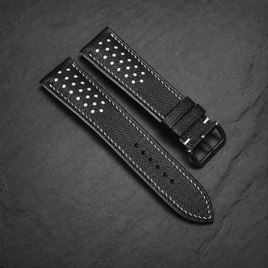 Padded Black White Racing Holes Rally Epsom Leather Watch Strap