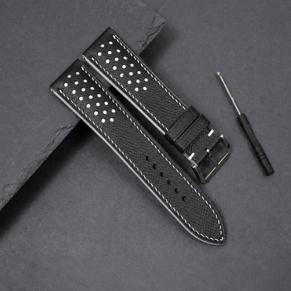 Padded Black White Racing Holes Rally Epsom Leather Watch Strap