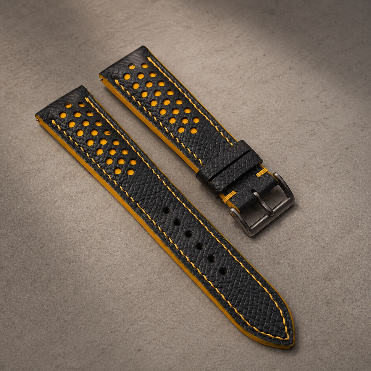 Padded Black Yellow Epsom Leather Racing Watch Strap