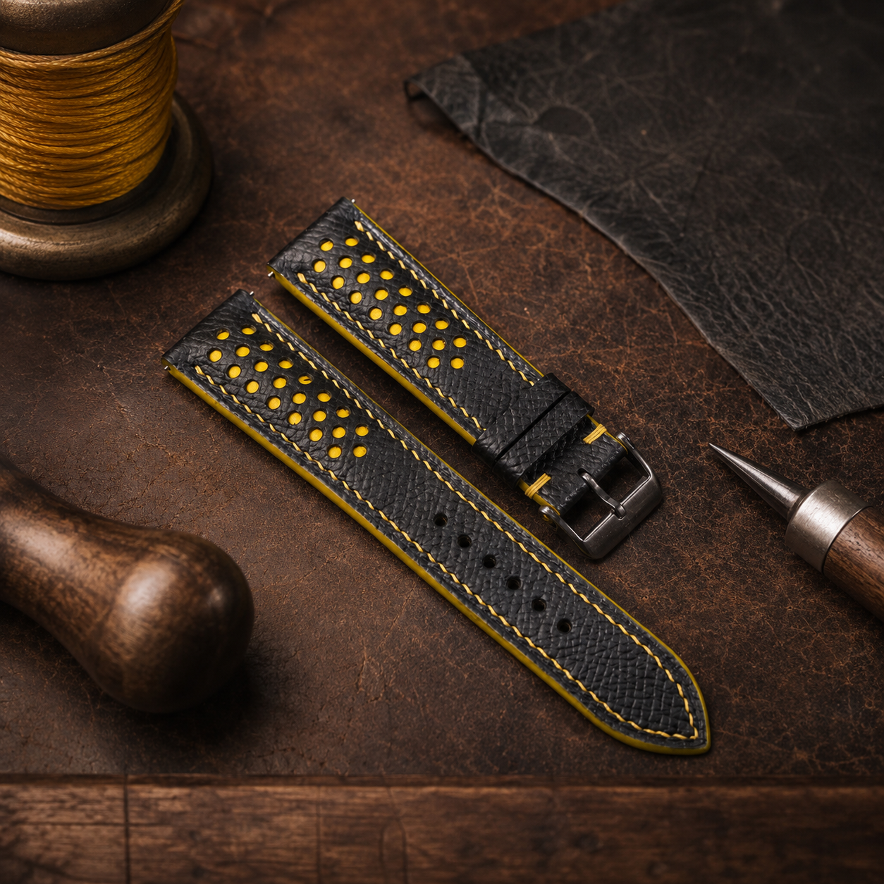 Padded Black Yellow Epsom Leather Racing Watch Strap