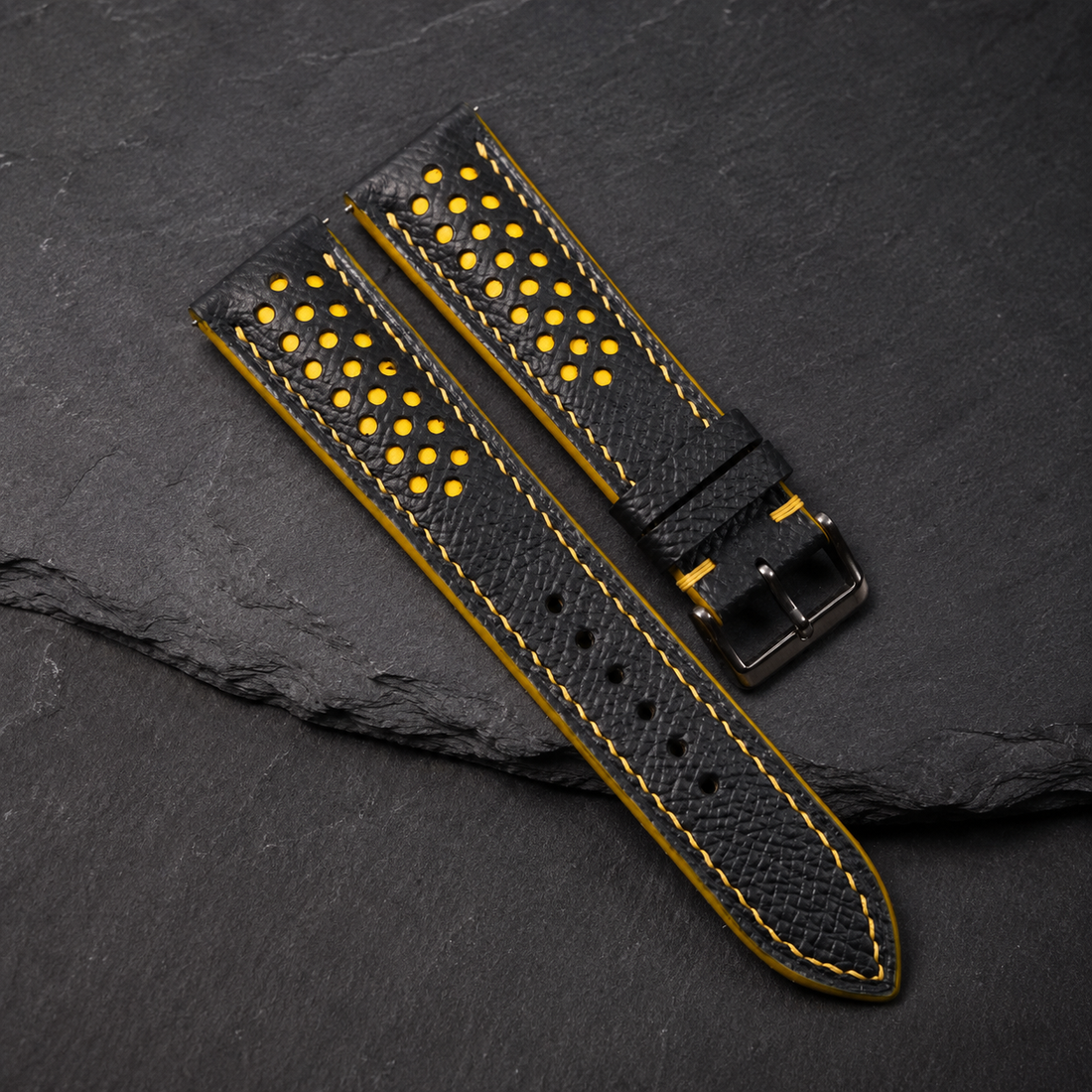 Padded Black Yellow Epsom Leather Racing Watch Strap
