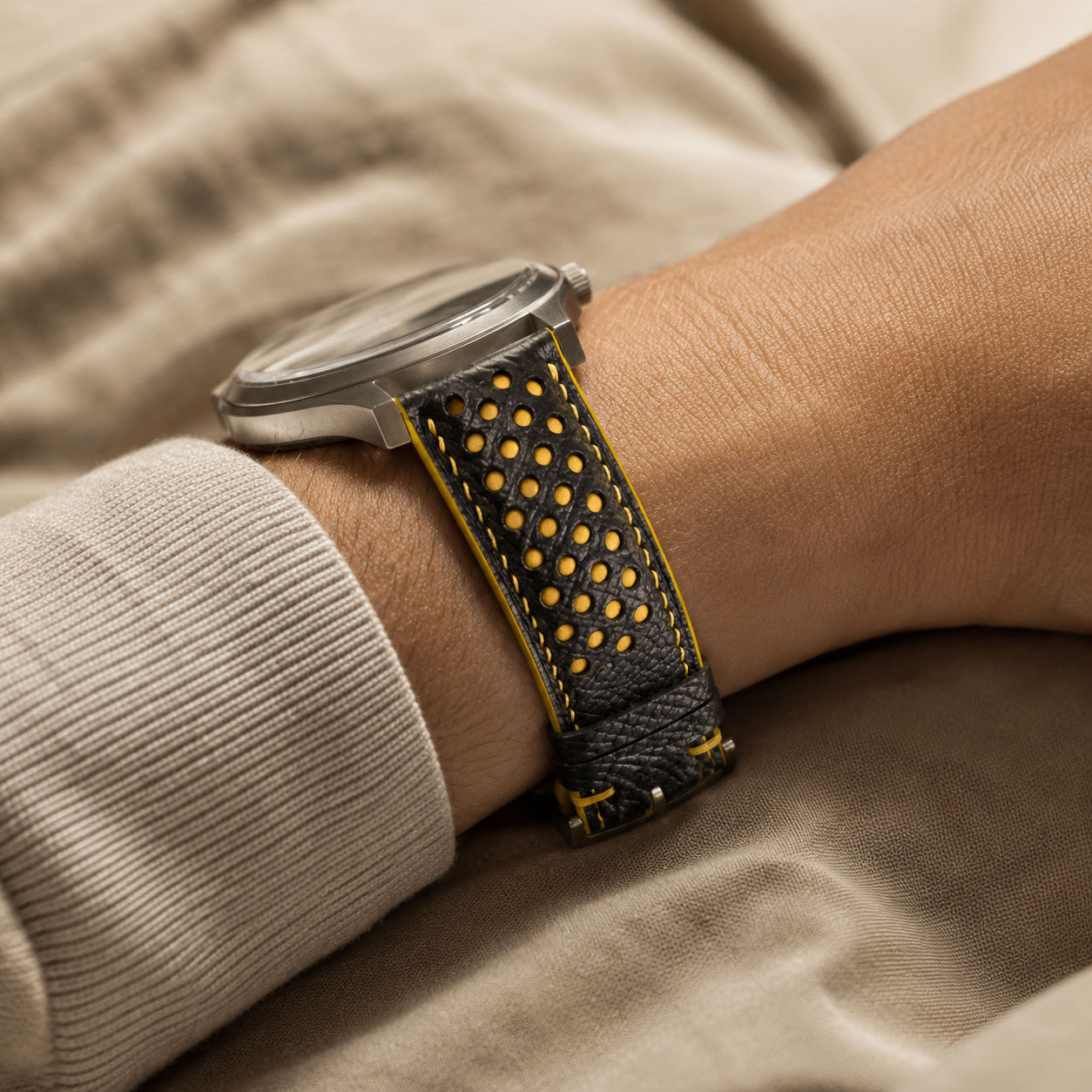 Padded Black Yellow Epsom Leather Racing Watch Strap