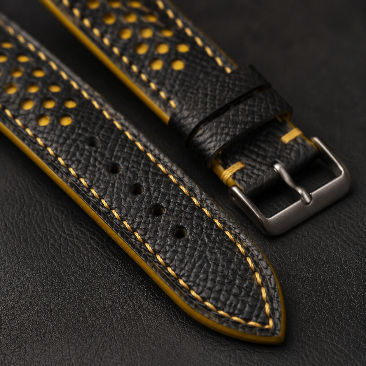 Padded Black Yellow Epsom Leather Racing Watch Strap