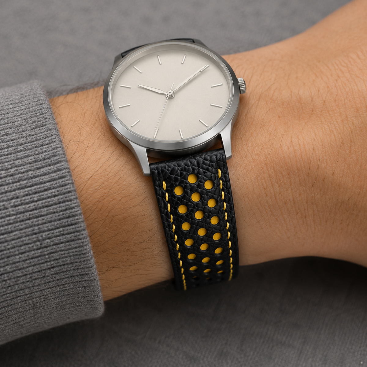 Padded Black Yellow Racing Holes Rally Epsom Leather Watch Strap, both halves flat lay