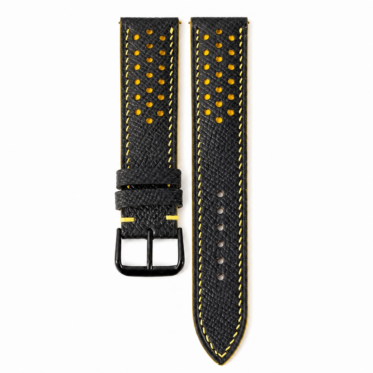 Padded Black Yellow Racing Holes Rally Epsom leather watch strap