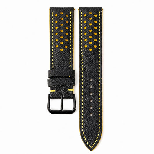 Padded Black Yellow Racing Holes Rally Epsom leather watch strap