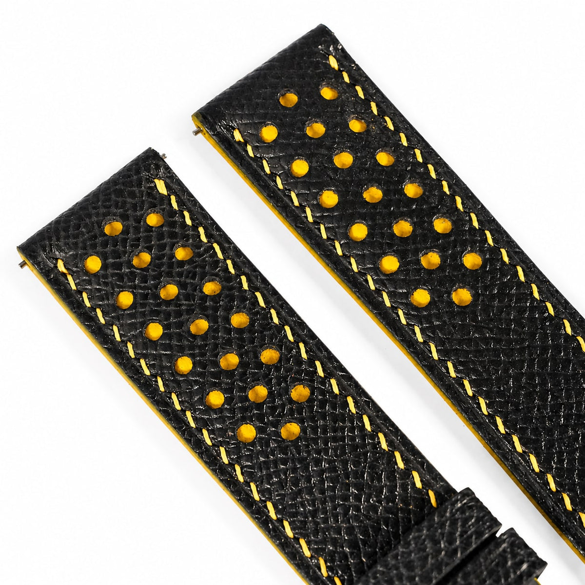 Padded Black Yellow Racing Holes Rally Epsom Leather Watch Strap, angled view with brushed steel buckle