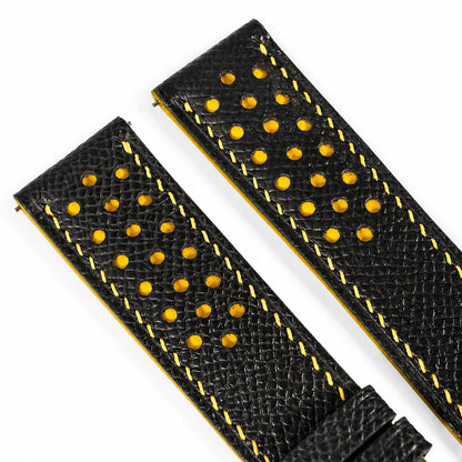 Padded Black Yellow Racing Holes Rally Epsom Leather Watch Strap, angled view with brushed steel buckle
