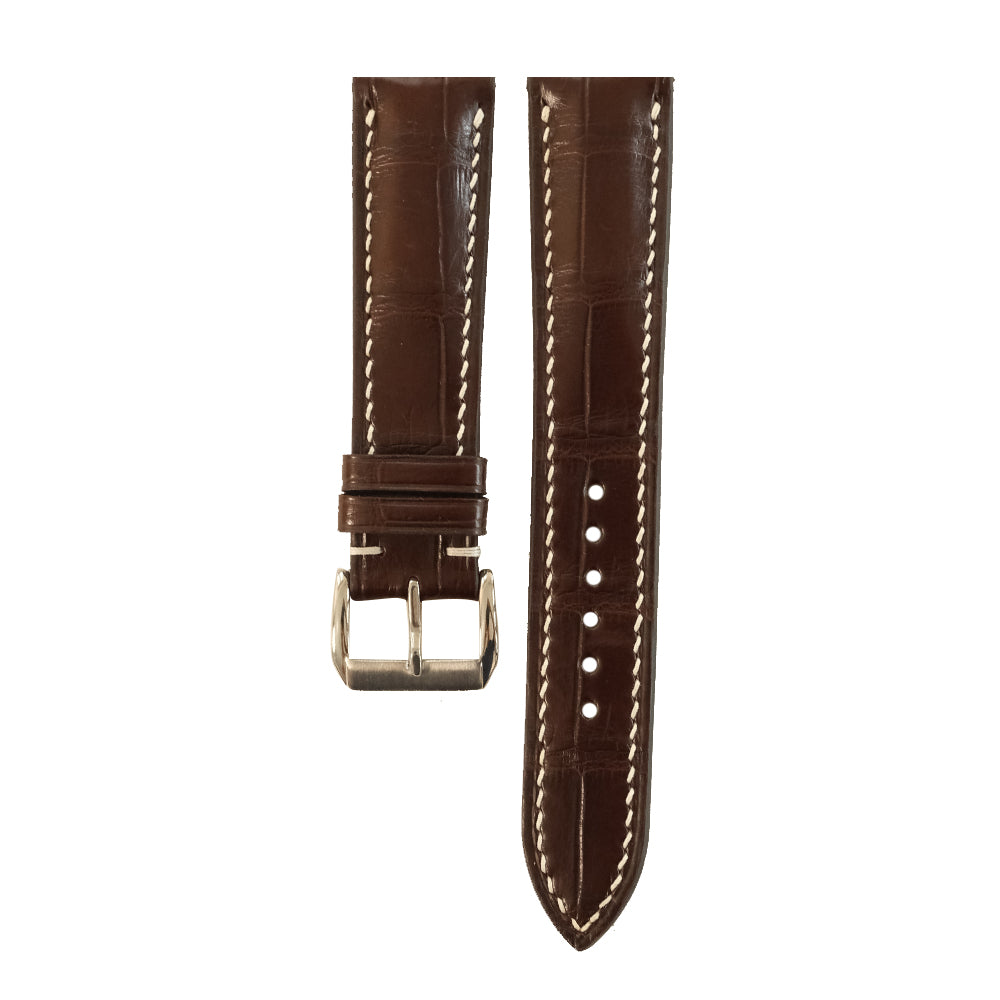 Padded Brown Alligator leather watch strap - cream stitch