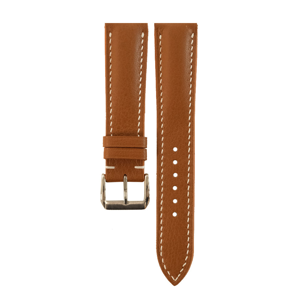 Padded Cognac Brown Swift leather watch strap - cream stitch