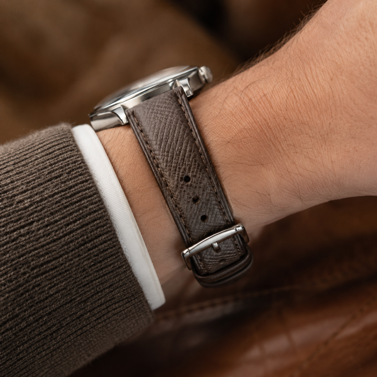 Padded Dark Brown Epsom Leather Watch Strap
