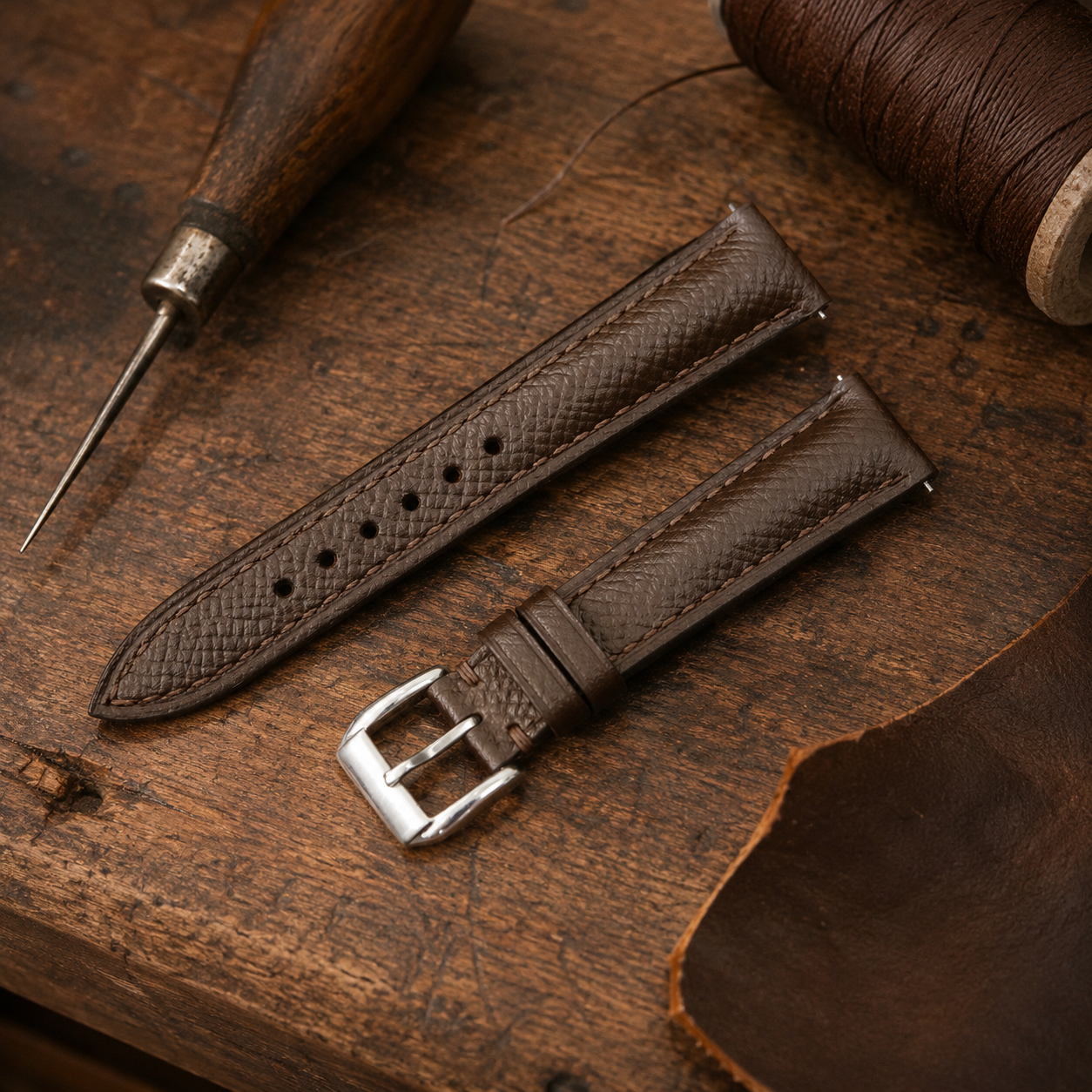 Padded Dark Brown Epsom Leather Watch Strap