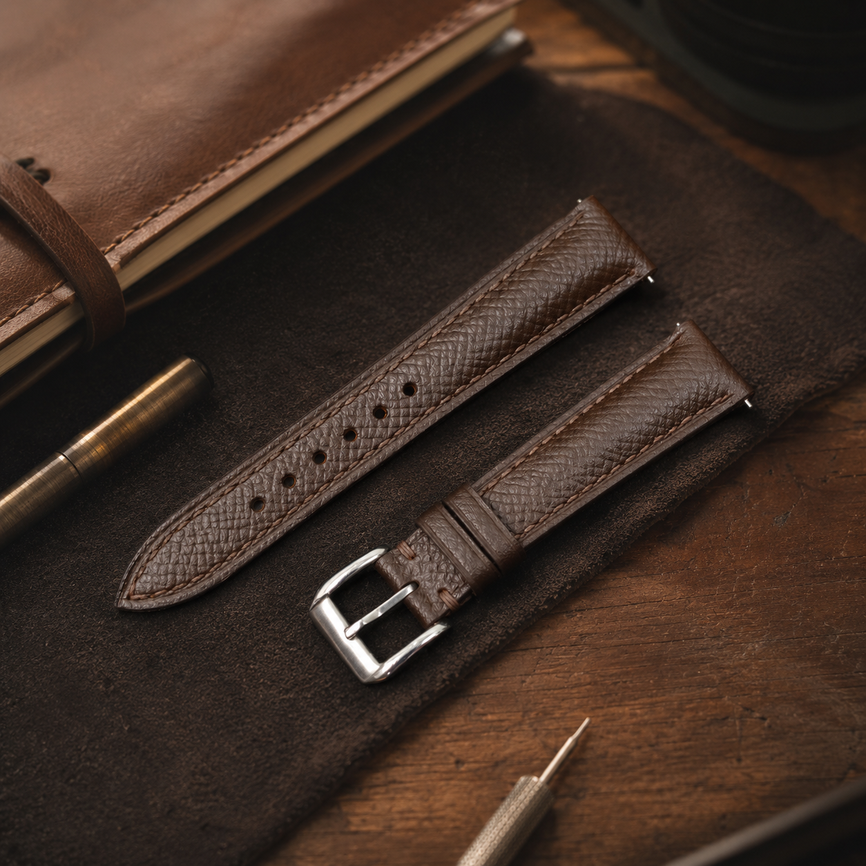 Padded Dark Brown Epsom Leather Watch Strap