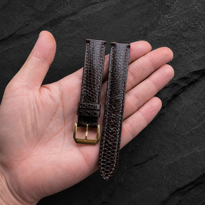 Padded Dark Brown Lizard leather watch strap with tone-on-tone stitching