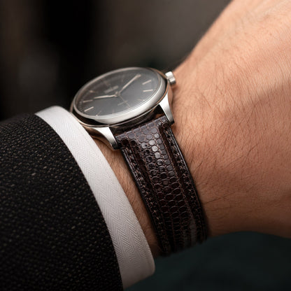 Padded Dark Brown Lizard leather watch strap with tone-on-tone stitching